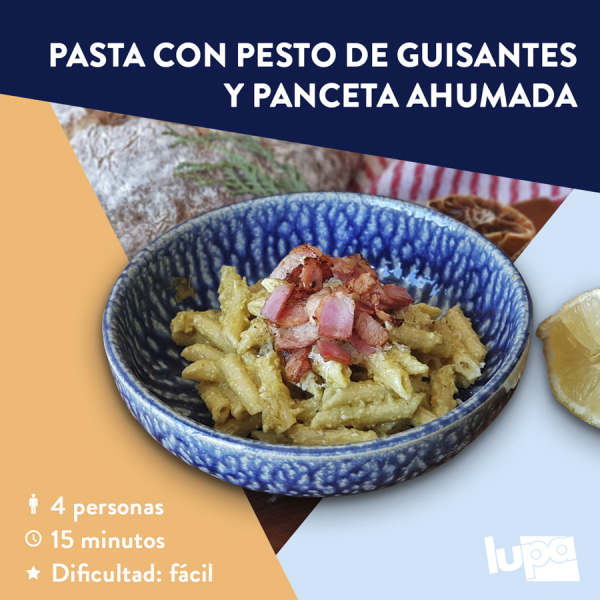 Pasta con pesto de guisantes y panceta ahumada